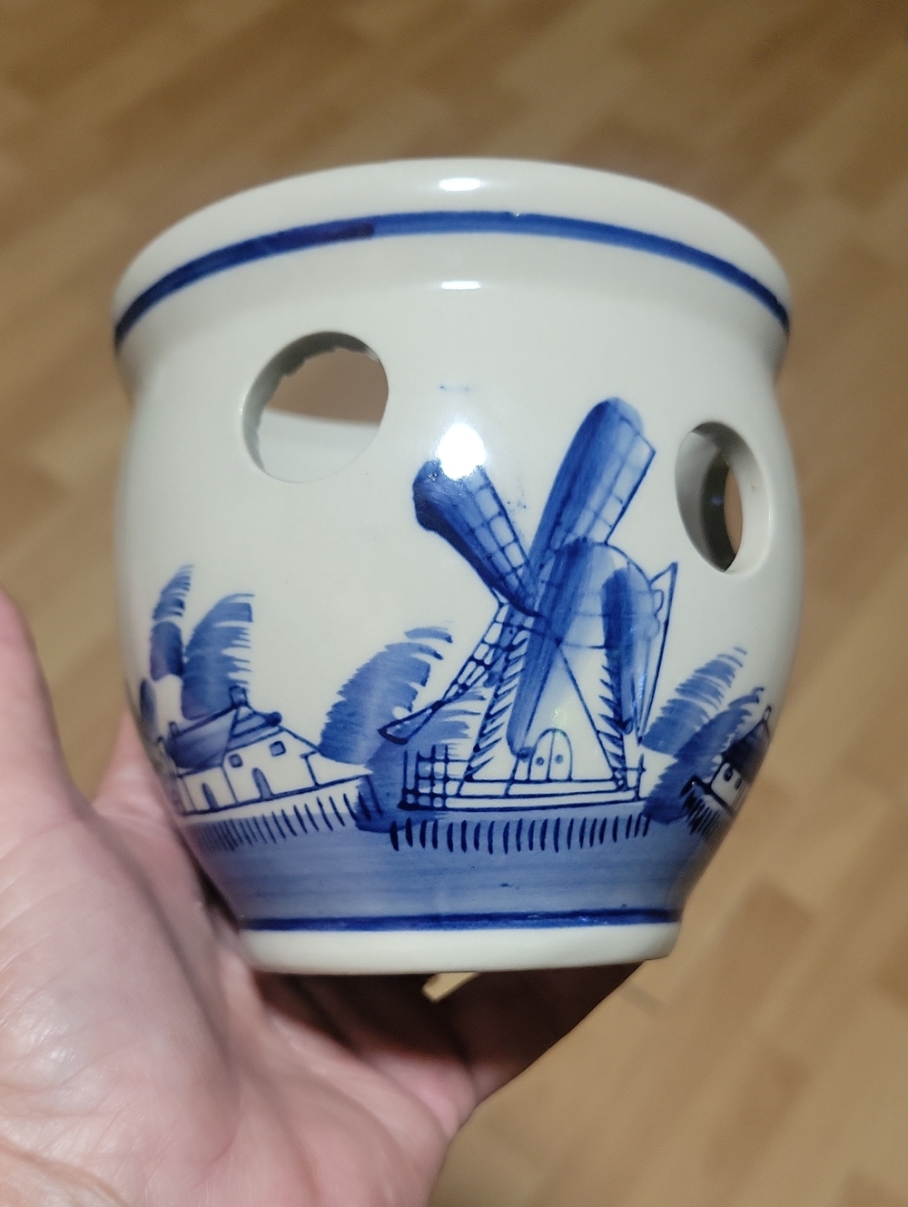 Blue and White Ceramic Windmill Tealight Holder - Hand-Painted